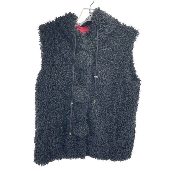 Montanaco Womens Hooded Vest Sherpa Pom Pom Drawcord Polyester Black Size Medium - Picture 8 of 8
